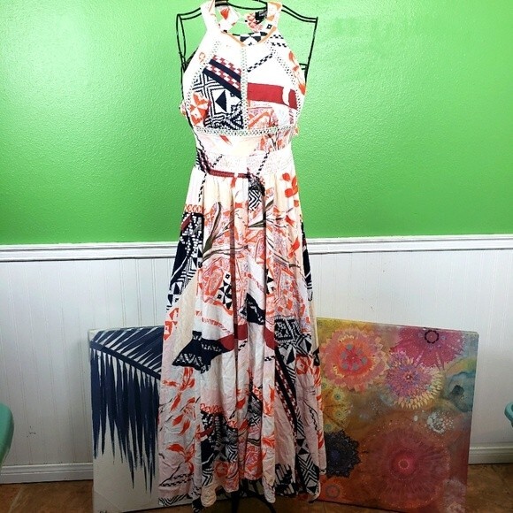 Anthropologie Abel the label maxi orange floral abstract open back dress small - Picture 1 of 16